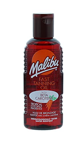 Malibu - Aceite de bronceado rápido resistente al agua con betacarotenos y fragancia a coco tropical (100 ml, marrón)