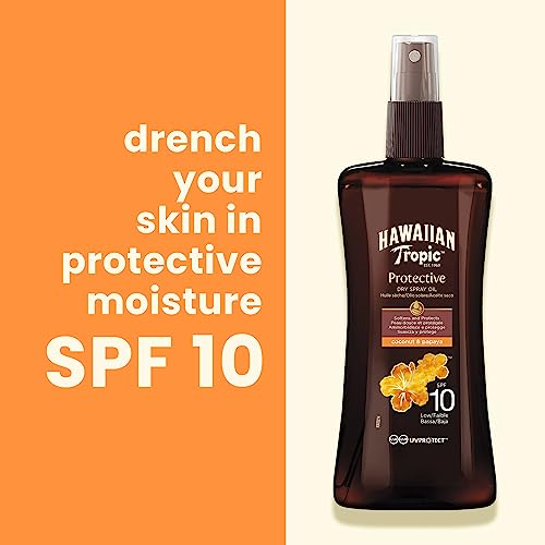 Hawaiian Tropic Protective Dry Spray Oil - Aceite Seco Bronceador con Protección Baja SPF 10 , Fragancia de Coco y Papaya , 200 ml, 1 ud.