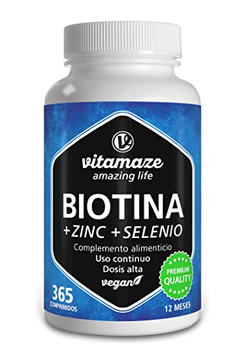 Vitamaze® Biotina 10.000 mcg Alta Dosis con Zinc y Selenio- 365 Comprimidos para 1 año - Biotina para el Cabello, Piel y Uñas, Vitaminas para el cabello. Calidad Alemana.