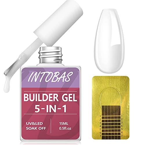 INTOBAS 5 en 1 Kit Gel de Uñas Constructor, Gel para Uñas Lechoso, Builder Gel para Uñas con 100 Formas, Rubber Base,Fortalecedor y Decoración-15ml