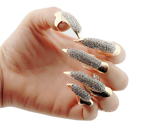 Juego de anillos de uñas postizas para disfraz de Halloween juego de anillos de dedo gótico punk diamantes de imitación completos curvatura de la pata pavimentada punta de los dedos (dorado)