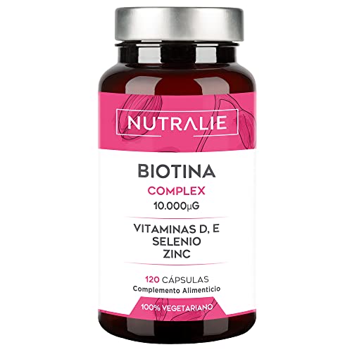 Biotina 10.000mcg Alta Dosis - Potente para Crecimiento del Cabello - Vitaminas para mantener Cabello, Piel y Uñas Sanas - Con Vitamina E, D, Zinc y Selenio | 120 Cápsulas 100% Vegetarianas Nutralie