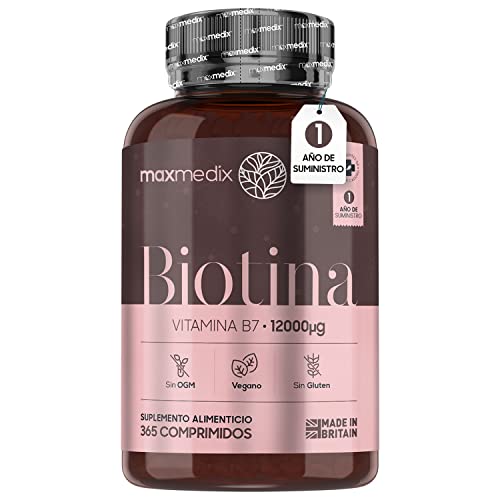 Biotina Natural 12000 mcg Dosis Alta, 365 Comprimidos Veganos - Suplemento Vitamínico Para Crecimiento del Cabello y Uñas, Contribuye al Metabolismo Energético Normal, Suministro para 1 Año