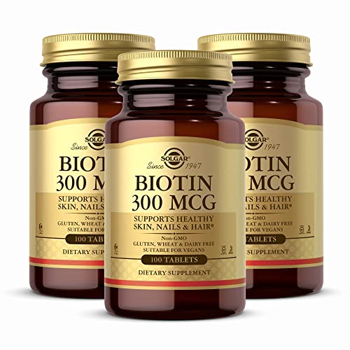 Solgar Biotina de 300 mcg, 100 tabletas – Energía, metabolismo, apoya la piel, las uñas y el cabello saludables, sin OMG, vegano, sin gluten, sin lácteos, Kosher, Halal (paquete de 3)