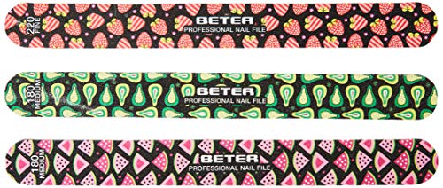 Beter – Limas de uñas profesionales, pack de 3 limas de fibra de vidrio decoradas, ideal para set de manicura y pedicura, grano 180/220