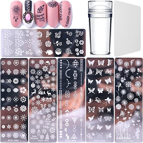 Luvadeyo Juego de 6 placas de estampación de uñas, con 1 sello transparente, 1 rascador de uñas, herramienta de arte de uñas para mujeres y niñas