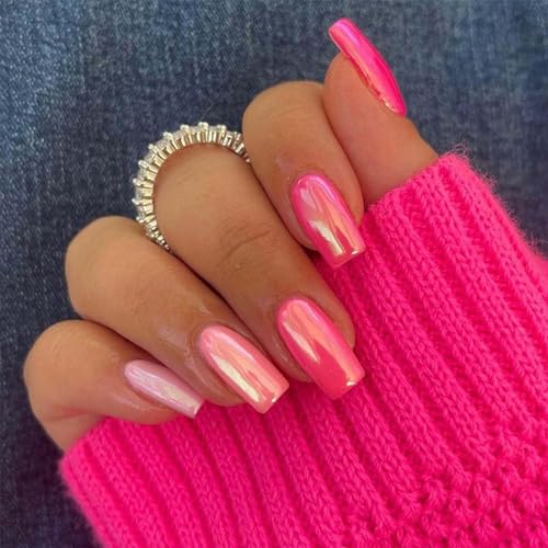 Lilbitty 24 uñas postizas de color rosa caliente con pegamento, tamaño mediano, con diseño brillante, para pegar en las uñas de las mujeres