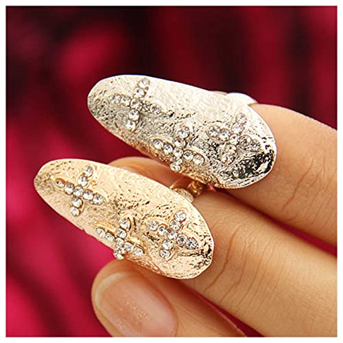 Dervivea Crystal Cross Fingertip Ring Gold Finger Nail Rhinestones Declaración Anillos de uñas Faith Cross Finger Ring Joyería de uñas para mujeres y niñas(Croce d'oro)