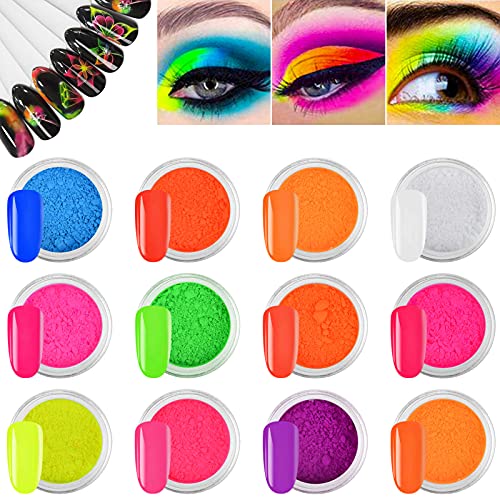 EBANKU Pigmento de Uñas en Polvo, 12 Cajas Esmalte de Uñas de Neón Color Fluorescente Colorido Pigmentos de Uñas Polvo Brillo Diseños para Decoración de Arte de Uñas