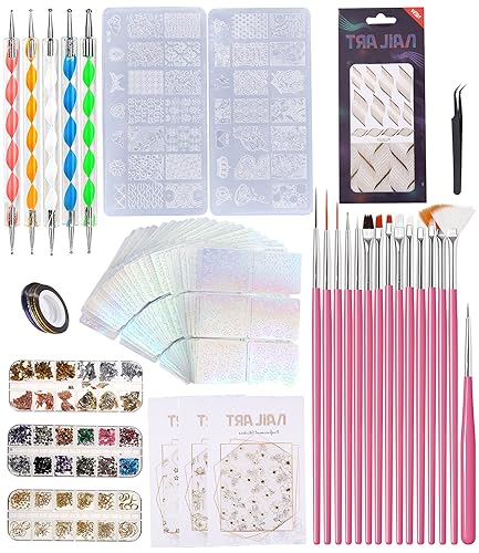 FAOKZE Kit de Accesorios Decoración Uñas Nail Art,Kit de Diseño de Arte de Uña incluir 15 Pinceles para Uñas, Cajas de Diamantes, Caja de Papel de Aluminio etc Decoración Uñas Nail Art Kit de Uñas.