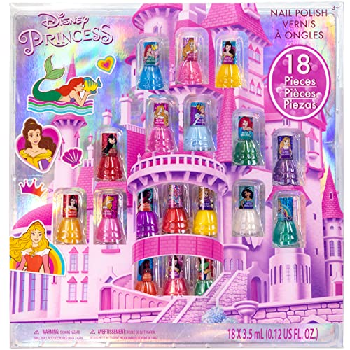 Disney Princess - Townley Girl Esmalte de uñas de secado rápido Castlebox no tóxico peel-off | Juego de regalo para niñas, Primera princesa | Colores opacos, mayores de 3 años (18 piezas)