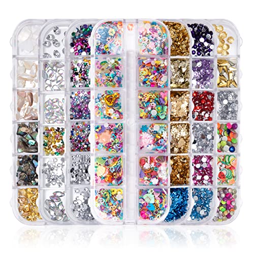 Decoración Adornos de Uñas Piedras 3D Kit de Diamantes de Imitación de Arte de Uñas, Pedrería Cristales Nail Glitter para Arte de Uñas (7 Cajas)