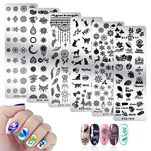 6pcs Nail Art Stamping Placas Uñas, Mwoot Placas Estampacion Uñas de Acero Inoxidable Nail Art Estampador de Uñas Profesional